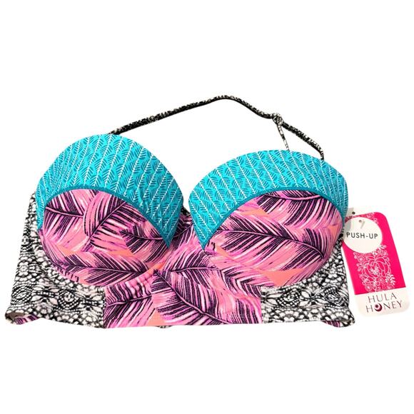NWT hula honey pink and teal floral tropical print push up swim top size L - Picture 1 of 7